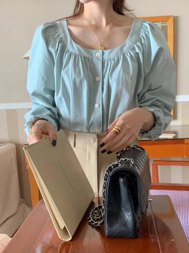 

Шикарный ретро квадратный воротник на одной пуговице Bubble Sve White irt Ранняя осень Женская мода Маленькая зродка Аосфера