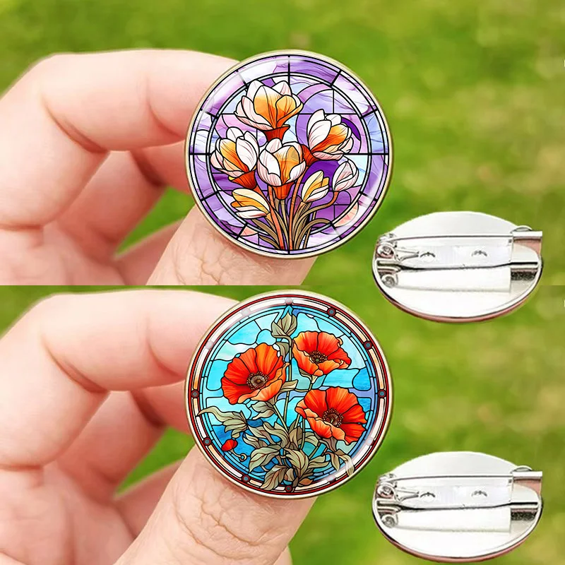 Flower Art Cute Pins for Women Unisex Glass Romantic Sunflower Lavender Windbell Flower Gifts Jewelry Accessories Broochs
