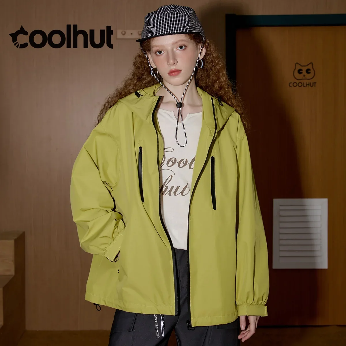 

COOLHUT New American Vintage Women's 2025 Fall Jacket Multi-Zipper Hooded Workwear Style Color Block Trendy Loose Fit Outerwear
