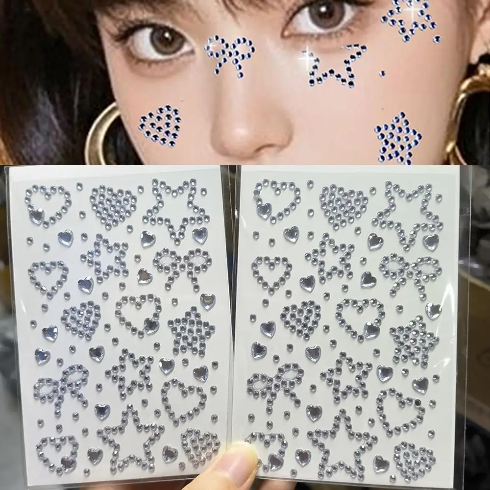 2 قطعة ثلاثية الأبعاد ستار القلب القوس حجر الراين الوجه لصاقات وشم عيد الميلاد بريق الأحجار الكريمة ذاتية اللصق الشارات Crafts بها بنفسك الحرف مهرجان ماكياج ملصق