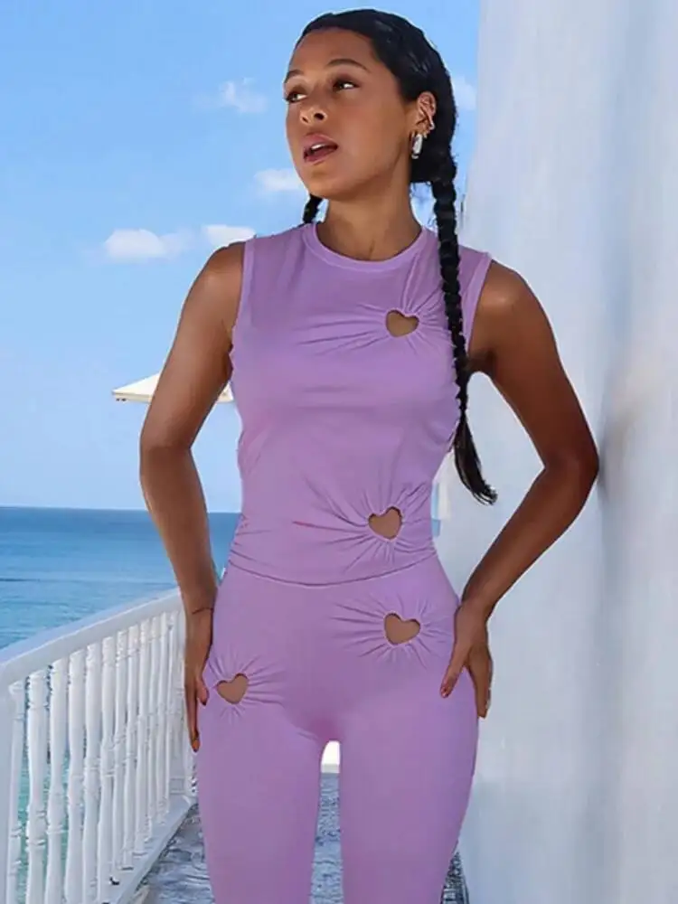 LOVE Heart Hollow Women 2 Piece Set Summer Casual Sleeveless O-neck Vests+High Waist Skinny Pants Female Basic Streetwear B8QX - Image 3