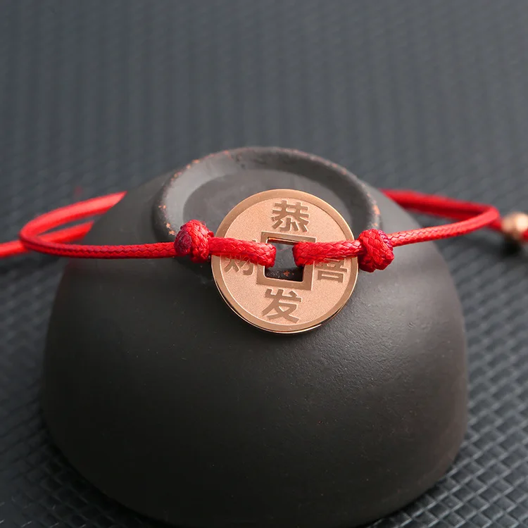 

New traditional commemorative hand rope, rose gold copper coin red rope, factory customized women's titanium steel jewelry