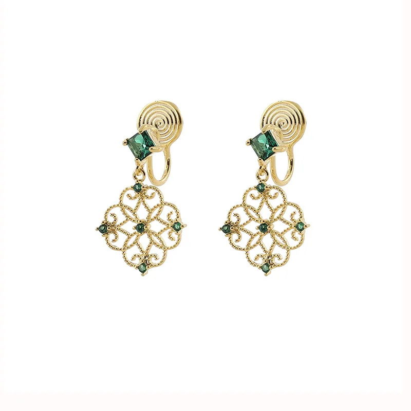 New Chinese Style Green Zircon Earrings Retro Geometric Mosquito Coil Ear Clip No Ear Hole Accessory Gift