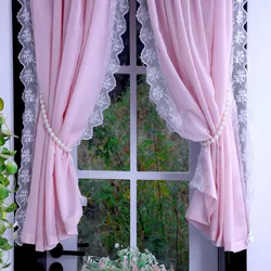 Korean Pink Lace Sheer Curtains for Living Room, Thick Short Tulle Curtain for Kitchen Bathroom Cupboard, Elegant Window Decor