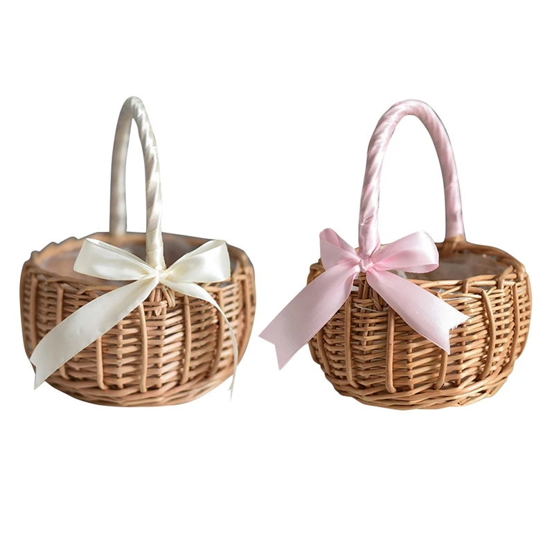 

Wicker Woven Flower Basket, With Handle Wedding Flower Girl Baskets, For Home Garden Decoration