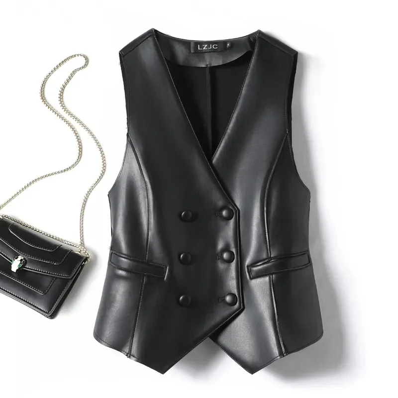 

2024 Women's V-neck Leather Vest Fashionable Double Breasted Buckle Leather Vest Women's Short Slim Fit Spring And Autumn New