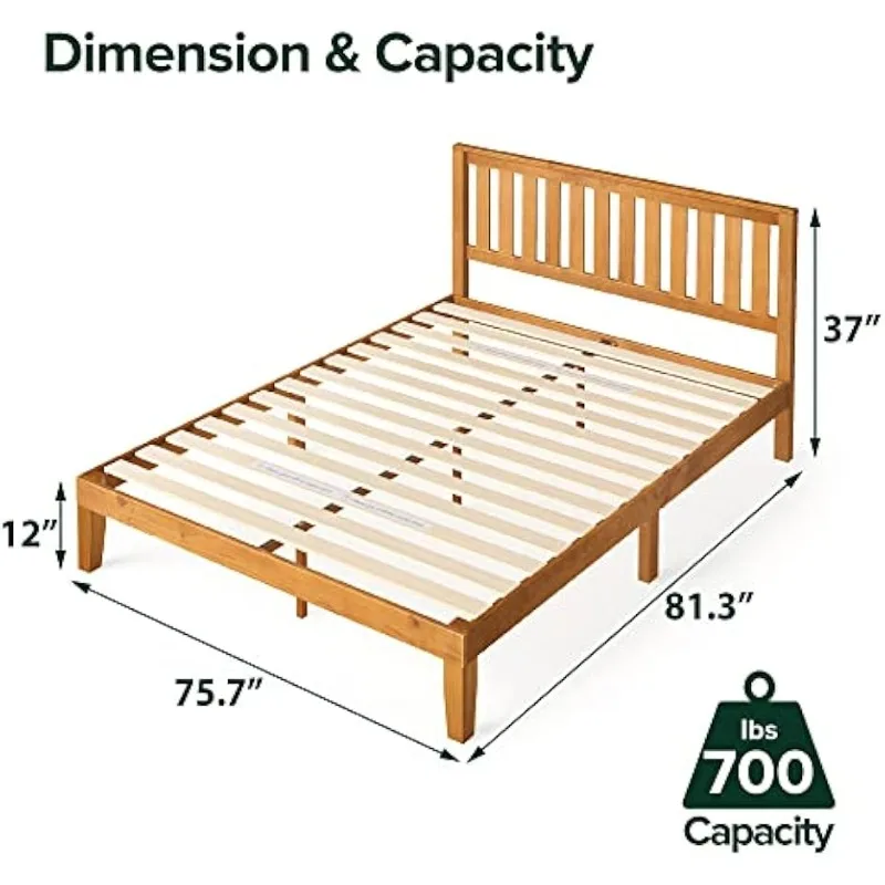 Wood Platform Bed Frame with headboard, Solid Wood Foundation with Wood Slat Support, No Box Spring Needed,