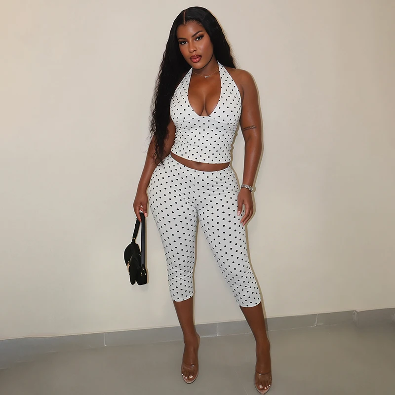 Dot Print Neck Hanging Vest Top, Tight Fitting Cropped Pants Two-Piece Set