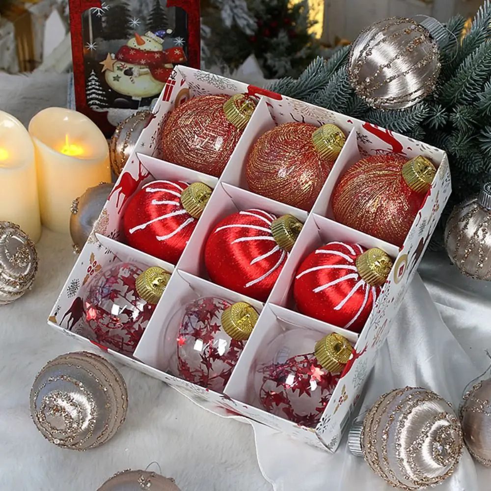 

9pcs 8cm Christmas Silk Thread Balls Round Plastic Hand-painted Ball Ornament Anti Drop Christmas Tree Hanging Ball Hotel Office