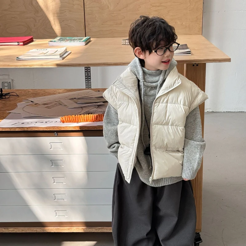 

2025 Winter New Children's Solid Color Clip Cotton Thickened Warm High Neck Cotton Vest