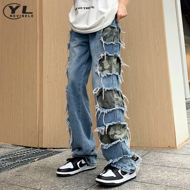 Hip Hop Hole Tassels Denim Pants Man Street Baggy Straight Jeans Casual Patchwork Camouflage Jean Male Gothic Vintage Trousers