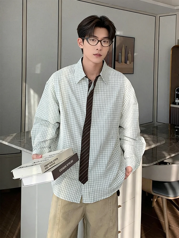 

American Sle Plaid Long Sve Men's irt with Fake Tie Design Casual Faion Spring Outerwear Loose Fit Youth Trend