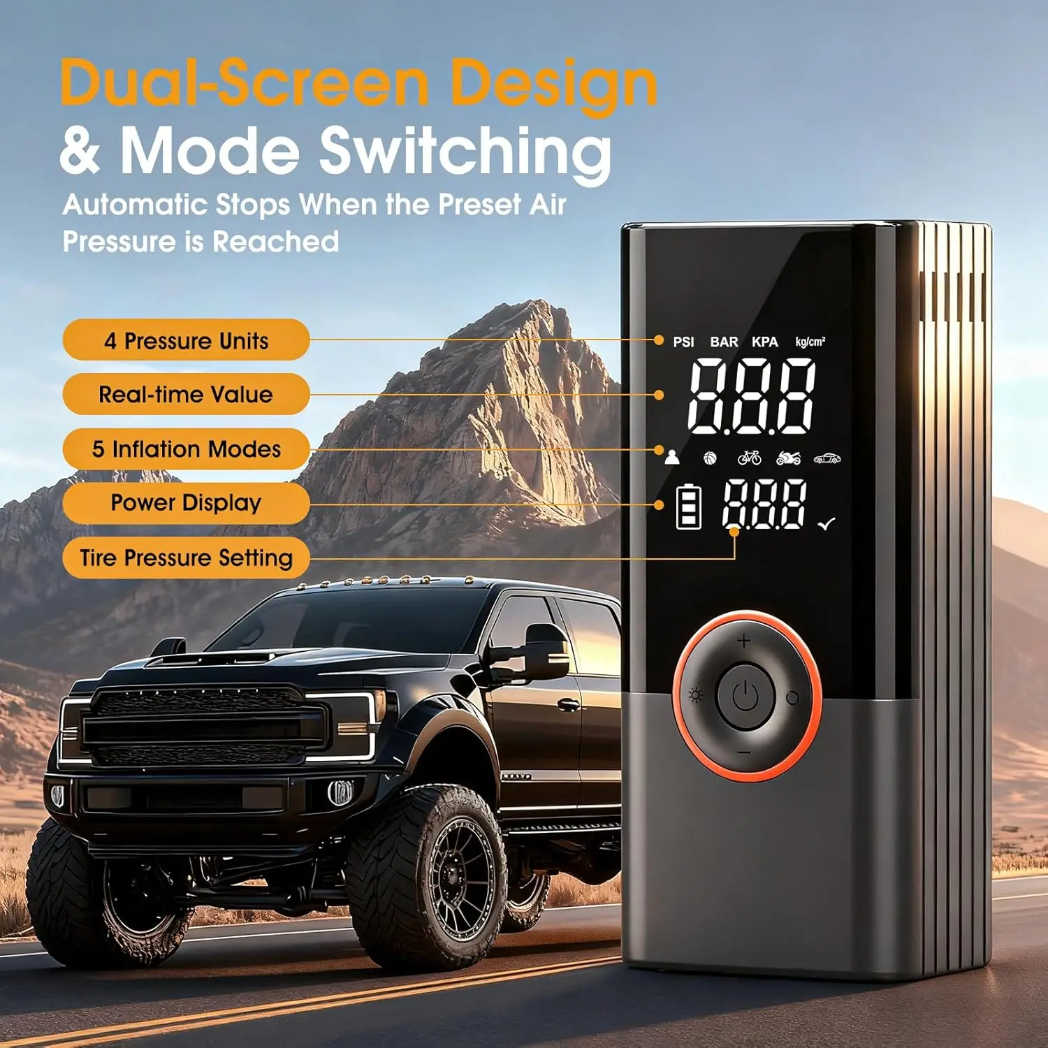 ポータブルデジタルエアコンプレッサー 150PSI 車、SUV、バイク、自転車用、LEDライト付き充電式