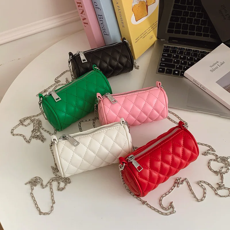 Women's Spring New Chain Strap Cylinder Bag Soft PU Leather Crossbody Pillow Bags Neutral Simple Zipper Shoulder Mini Purse