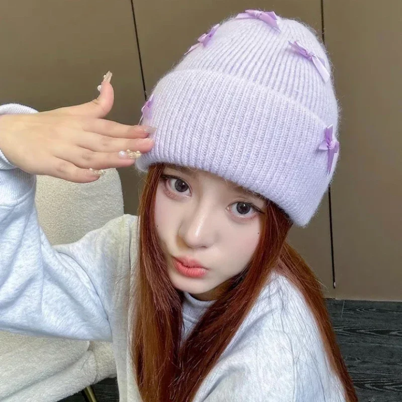 جديد الأنجورا الأرنب الفراء القوس قبعة الشتاء للنساء محبوك رقيق قبعة السيدات موضة الدافئة أفخم الجمجمة المرأة سميكة الصوف قبعة Y2k