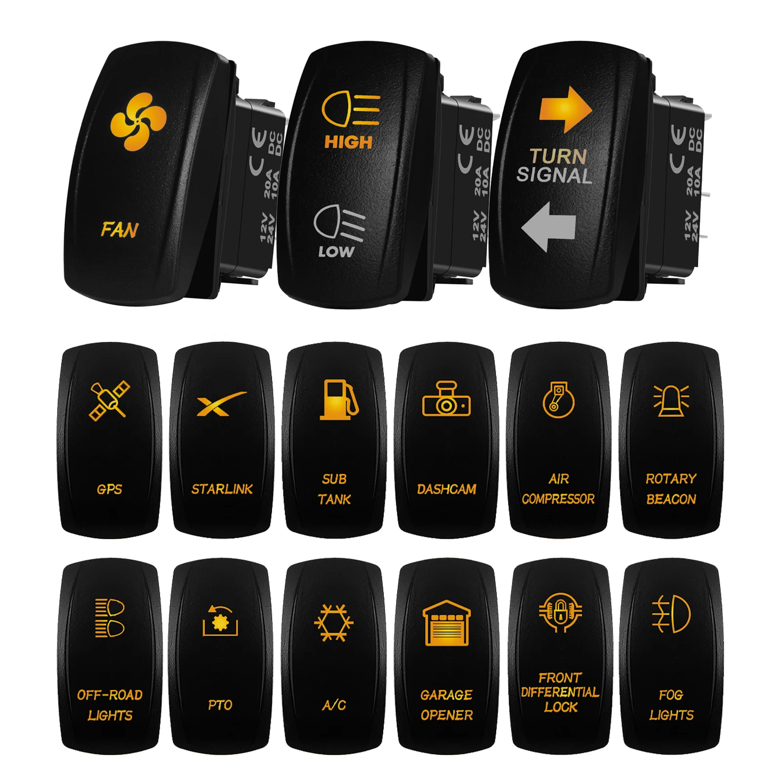 

12V 20A Rocker Switch Amber LED Light Bar PTO Starlink Auto Car Switch ON-OFF / ON-OFF-ON For Truck Vans RV UTV SUV Camper ATV