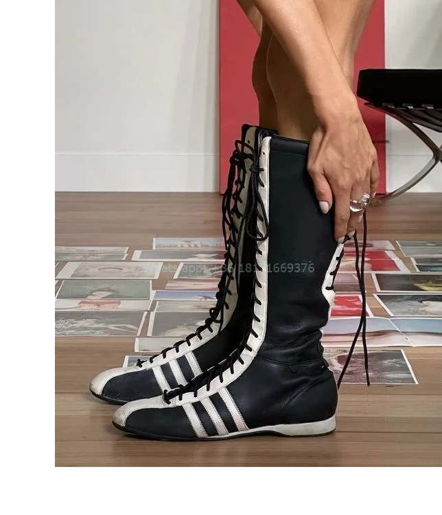 Sport Canvas Flats Casual Knee High Boots Fashion Lace up Summer Girl Running Boots Luxury Women Shoes Patchwork