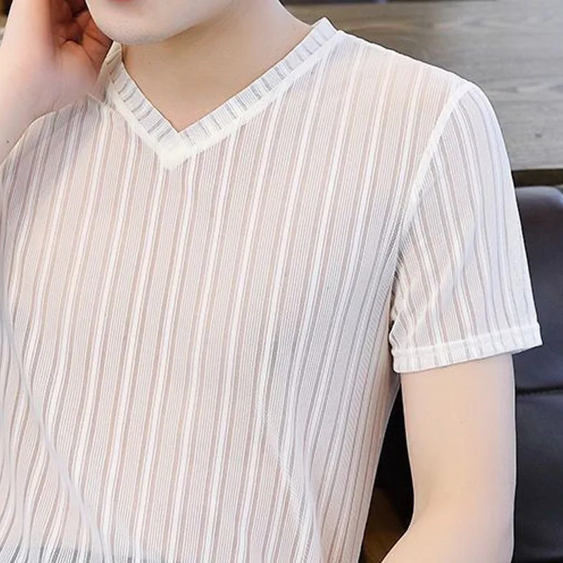 Korean Ice Silk Fabric Men\'s Clothing Summer Ventilate Hollow Tops Man Casual V-neck Solid Color T-shirt