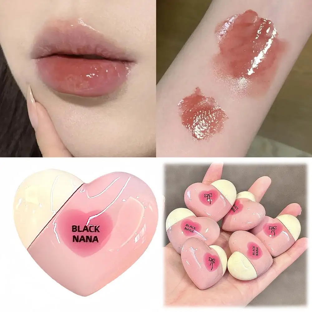 Brillo de labios de espejo en forma de corazón para niña, tinte hidratante, fresa, pudín rojo, lápiz labial, cosméticos, vidrio de aceite de agua, H5Q3