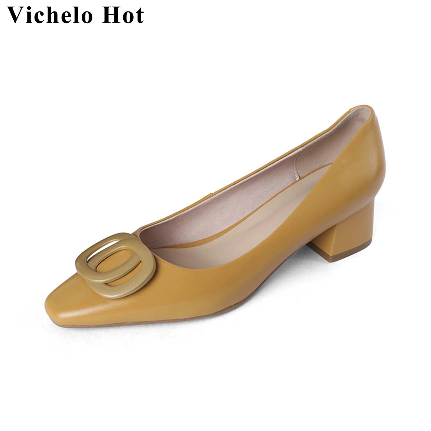 Vichelo-zapatos de tacón medio con punta cuadrada para mujer, calzado de piel auténtica, hecho a mano, Sexy, para oficina, fiesta, pasarela, Primavera