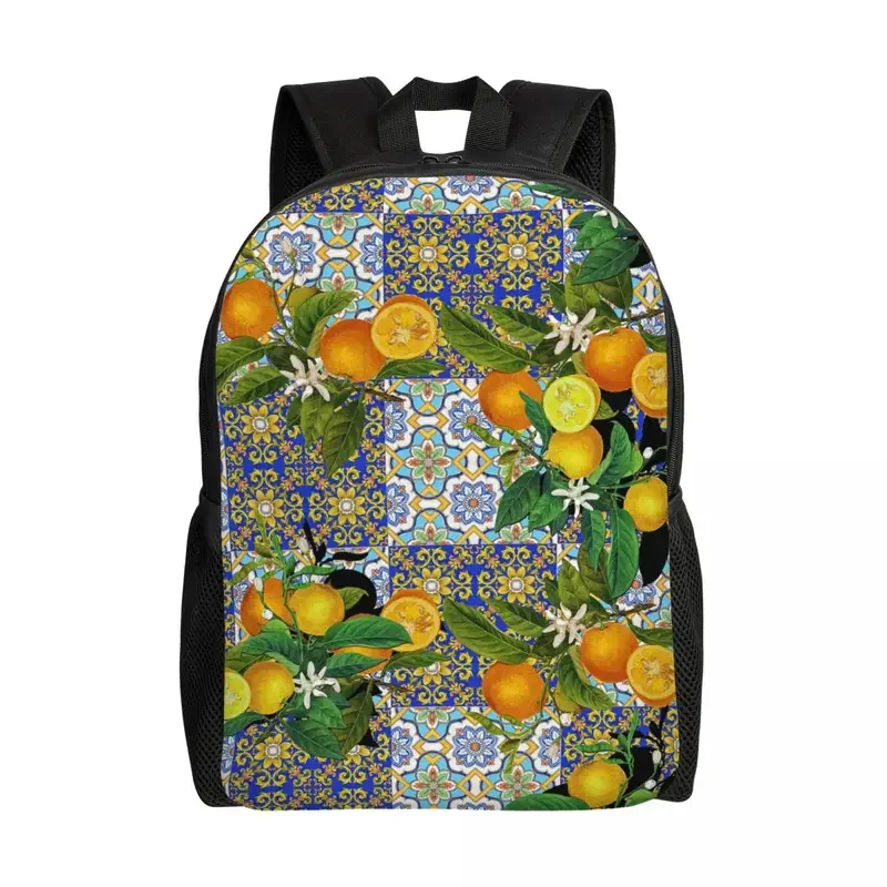 Mochilas de verano para mujeres y hombres, bolsa de libros para estudiantes universitarios de 15 pulgadas, con diseño mediterráneo de azulejos, fruta, naranja y limón, apta para ordenador portátil