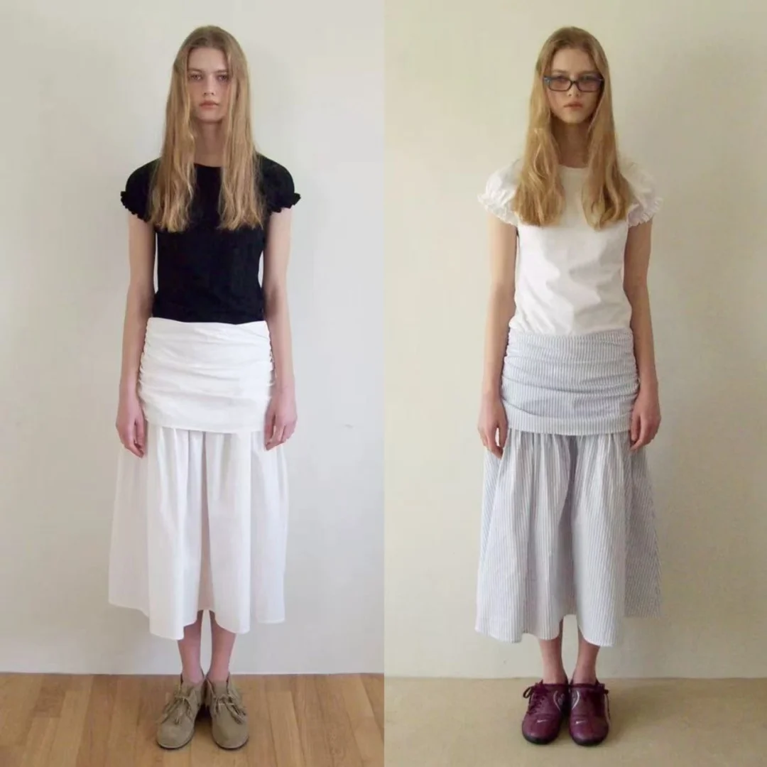 Rok Lipit Dua Lapis Smoothmood Wooden Ear ort Sve untuk Wanita, Koleksi Musim Gugur 2025 Ele Sle Musim Panas