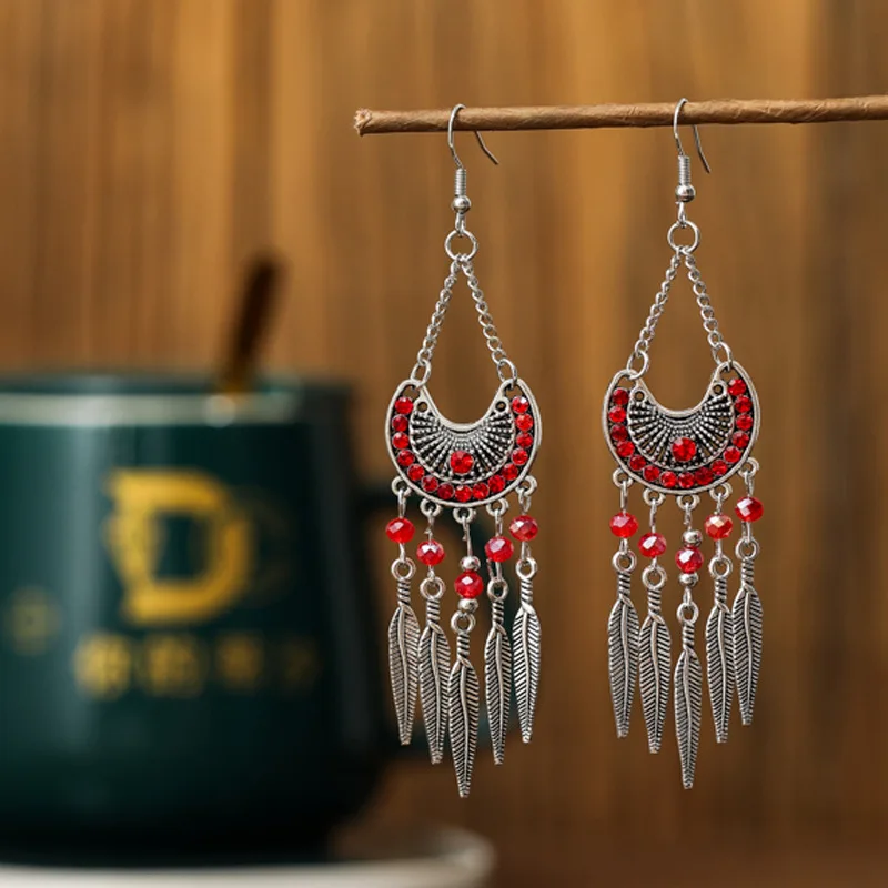 High-end versatile earrings women's retro literary and artistic diamond-encrusted earrings, multi-layer bohemian earrings, whole