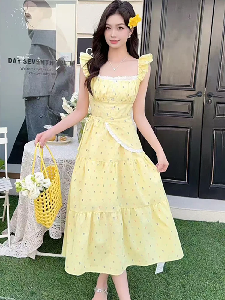 Estate Boho Blu Floreale Chic Pizzo Slash Neck Abito lungo sexy Donna Elegante abito casual da vacanza 2025 Abito da festa aderente coreano