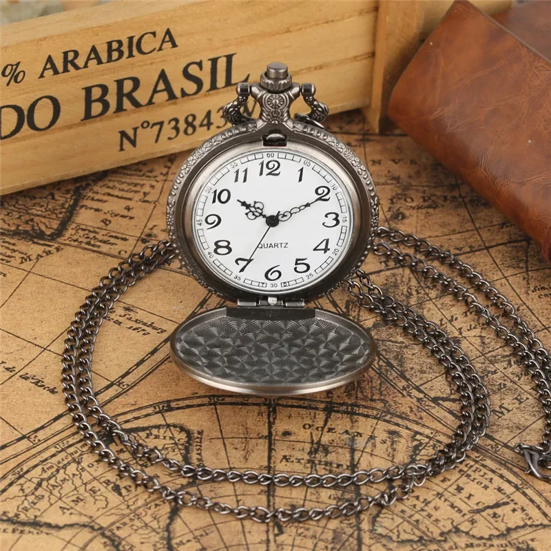 Antique Pendant Pocket Watch Engraved Firefighter Design Arabic Number Quartz Movement Clock with Fob Necklace Chain Gift