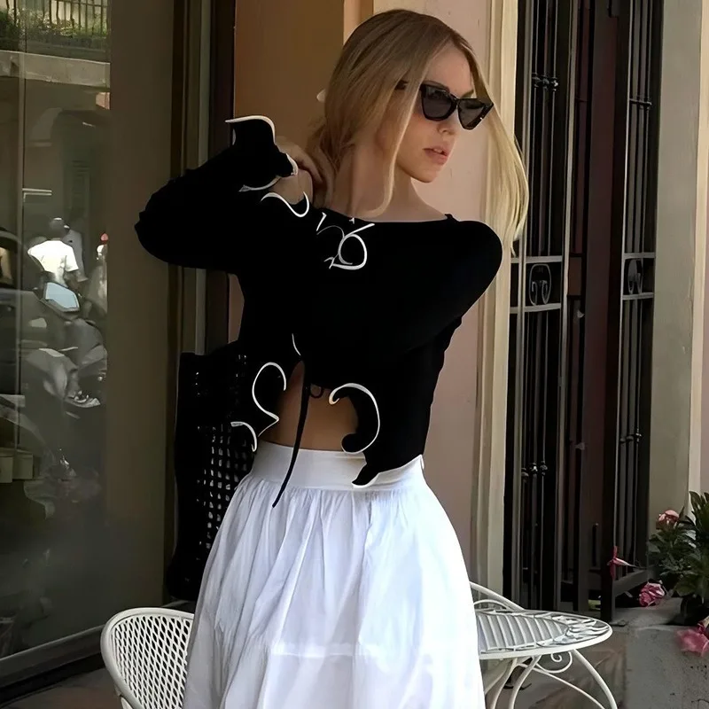 المرأة تي شيرت جديد الخريف موضة الشارع الشهير الدانتيل متابعة طويلة الأكمام عادية سليم تيز أبيض وأسود مثير الإناث تنوعا المحاصيل الأعلى #5