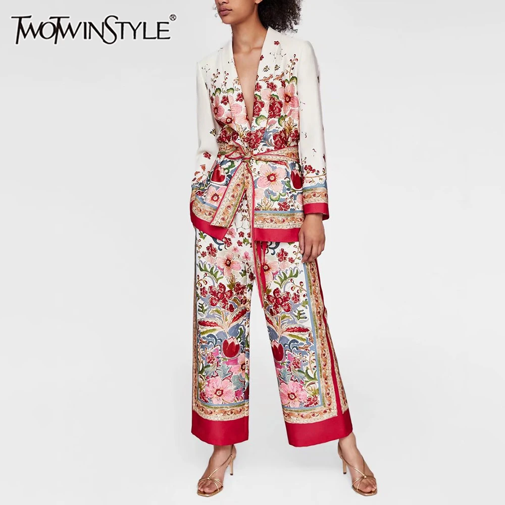 

TWOTWINSTYLE Hit Color Printing Two Piece Set For Women Shawl Collar Long Sleeve Top High Waist Wide Leg Pant Casual Sets Female