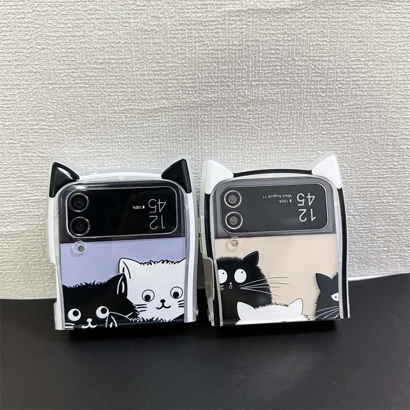 Cute Ears Black White Cat Phone Case for Samsung Galaxy ZFlip3 ZFlip4 ZFlip5 ZFlip6 Hard PC Back Cover for Z Flip 6 Case Shell