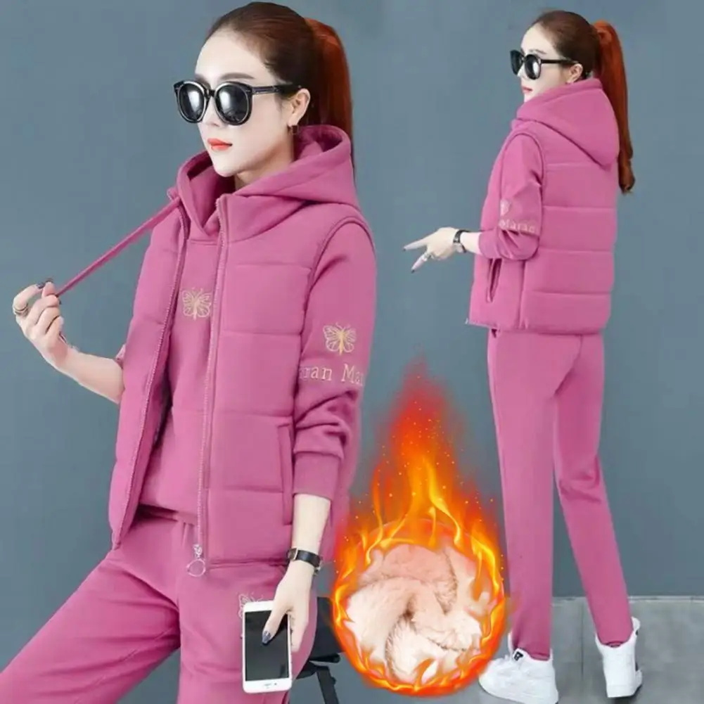 Women Three-piece Suit Women's Winter Tracksuit Set with Hoodie Padded Coat Elastic Waist Pants 3 Piece for Weather