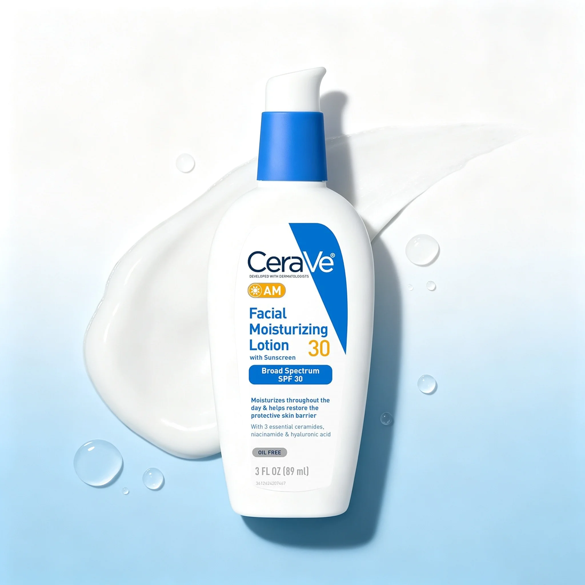Lotion hydratante pour le visage CeraVe AM avec SPF 30, écran solaire à large spectre, acide hyaluronique, niacinamide, céramides, 3 fl oz