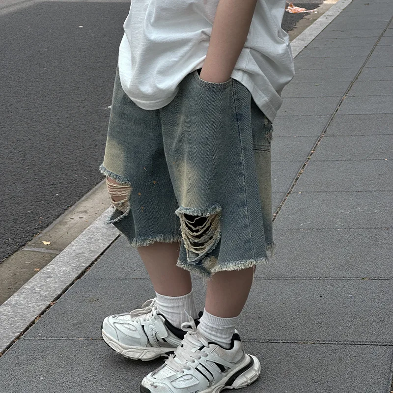 Boys Pants 2024 Korean Style Summer New Fashion Solid Color Jeans Shorts Vintage Ripped Pants Oil Paint Summer Children Trousers