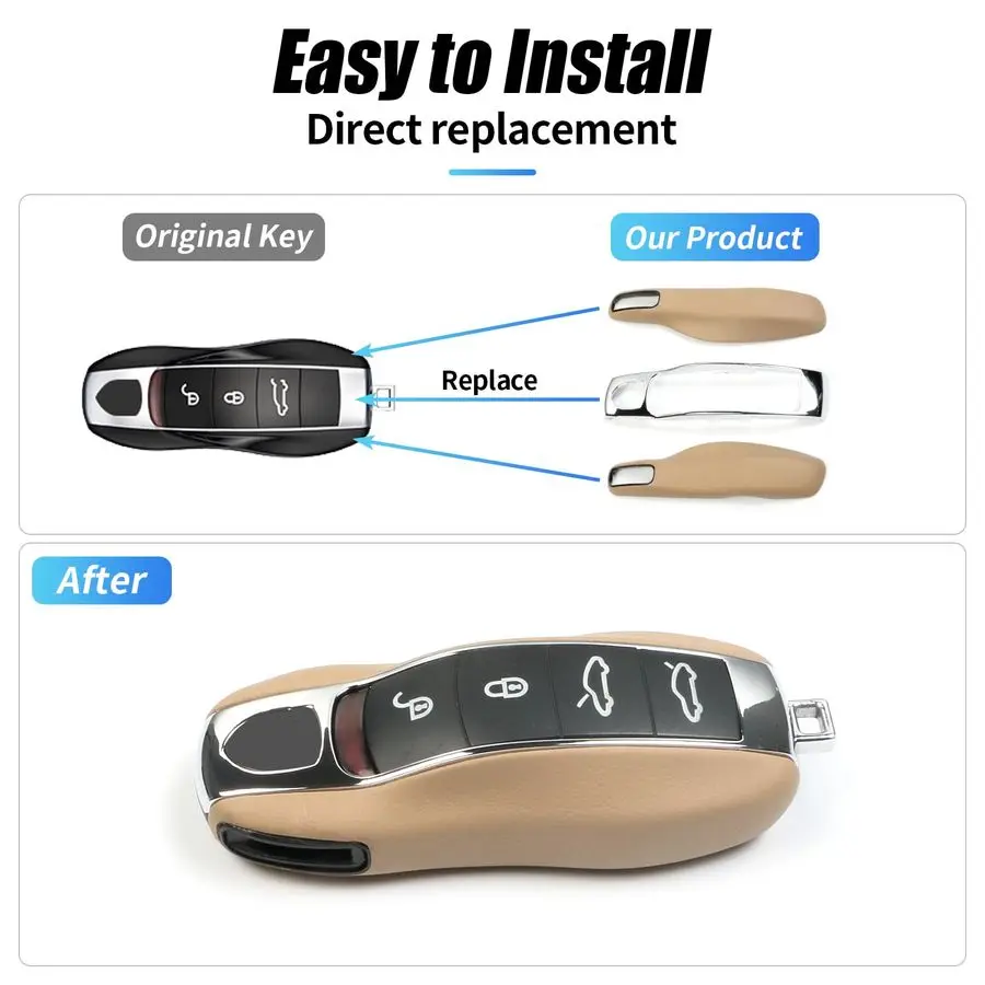 غطاء مفتاح فوب أصفر من الجلد متوافق مع غطاء مفتاح بورش مفتاح فوب شل بديل متوافق مع بورش كايين بانامر #5