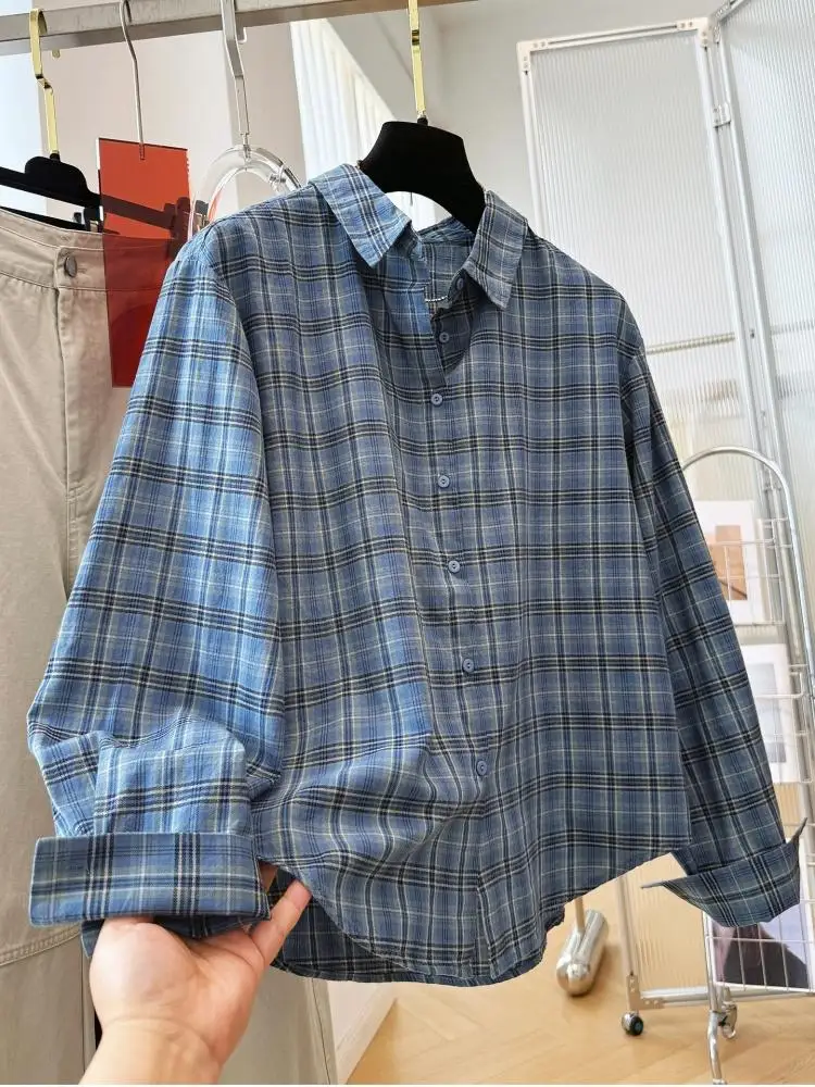 Women Vintage Plaid Cotton Long Sleeve Shirt 2026 Autumn New Korean Style Loose Blouse Fashion Casual Elegant Female Tops