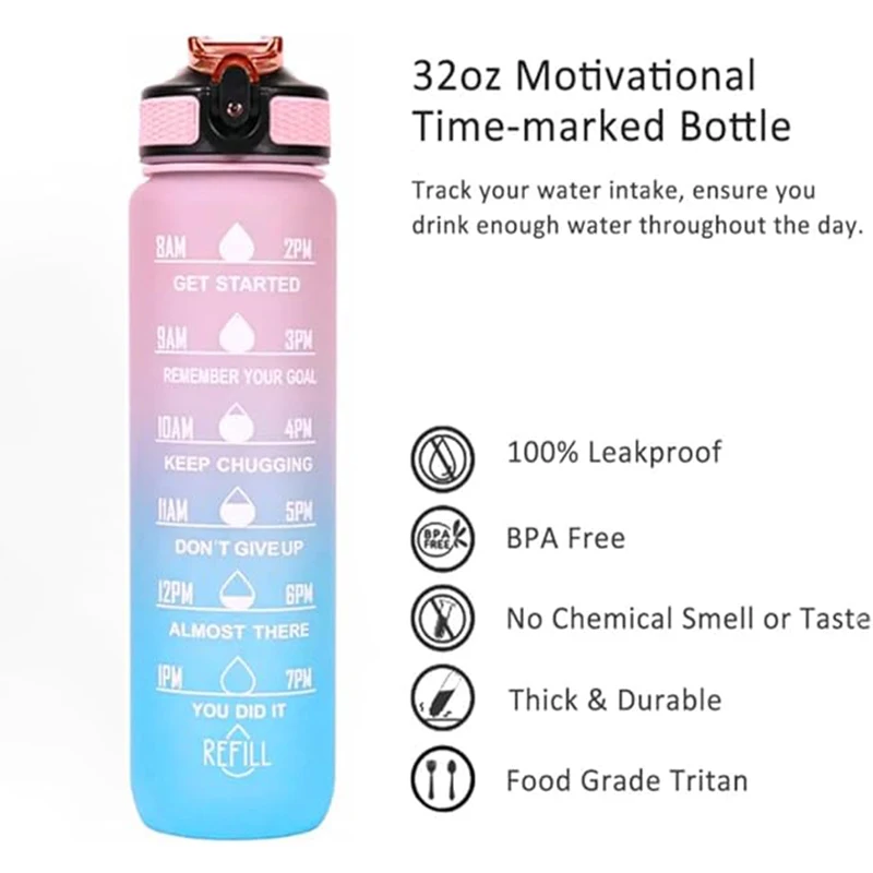 1000ml Sports BottleTime Scale Outdoor Gradient Color Sports Non-Toxic Bottle  Portable Fitness Straw Mug BPA Free