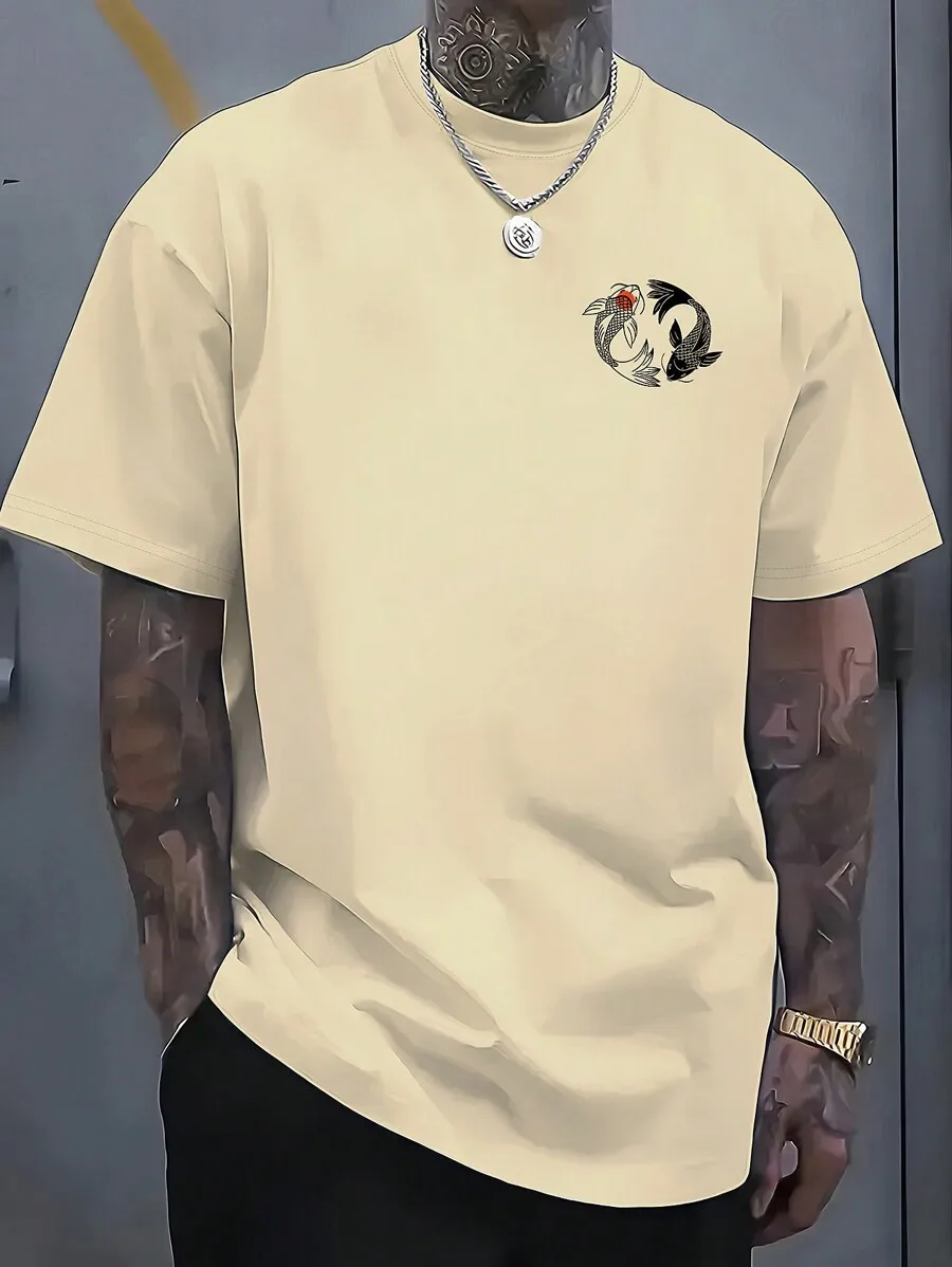 Men's Loose Fit Short Sleeve T-Shirt with Yin Yang Koi Fish Graphic Design, Casual Summer Wear image 3