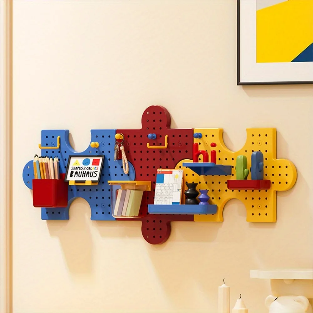 Puzzle Shaped Wall Mounted Pegboard Set No Drill Modular Storage Organizer Colorful Interlocking Display Shelf Room Home Decor