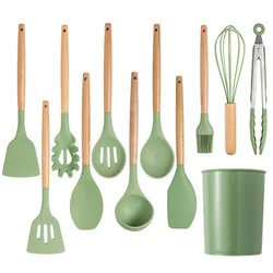 Avocado Green Silicone Kitchenware Cooking Utensils Set Non-stick Cookware Spatula Egg Beaters Wooden Handle Kitchen Tool Set