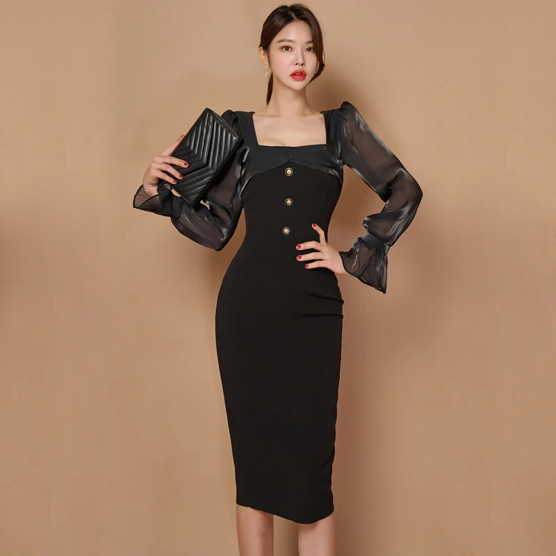 

2024 Spring Black Office Women Dress Single Breasted Square collar Stitching Ladies Dress High Waist Elegant Sheath Party Dress