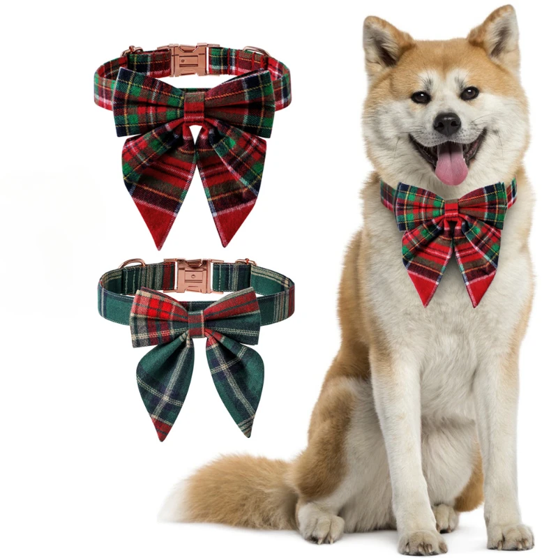 Hot Pet Collar British Christmas Plaid Rose Gold Plug Collar Red Plaid Small Bow Swallowtail Butterfly Green Plaid Small Bow