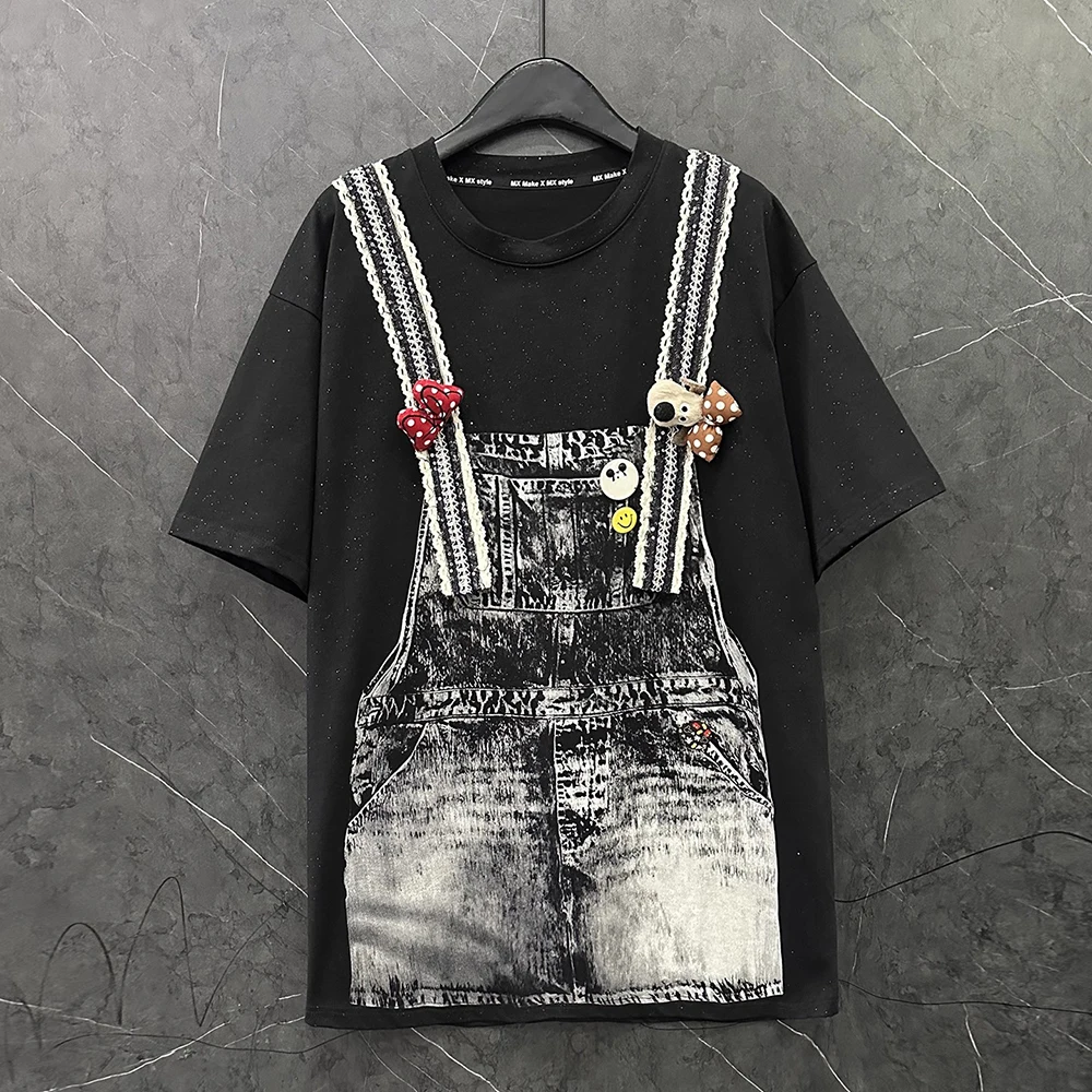 

Топ больших размеров, лето-весна, новая модная черная кружевная свободная футболка с аппликациями и блестками, высокое качество