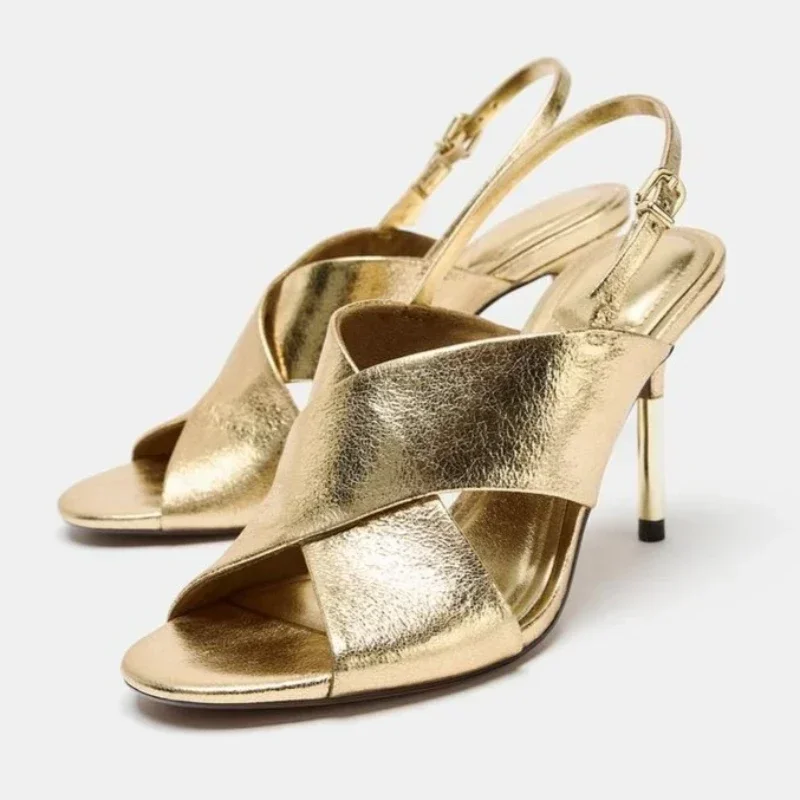 European American Women Gold PU Leather Stiletto Sandals Open Toe Cross Strap Slingback High Heels for Evening Party Wedding