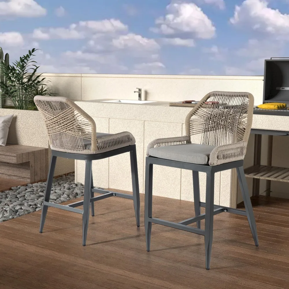 

Counter Height Bar Stools Set of 2, 39 Inches Outdoor Bar Stools with Back and Comfort Cushion, Modern Style Rattan for Kitchen