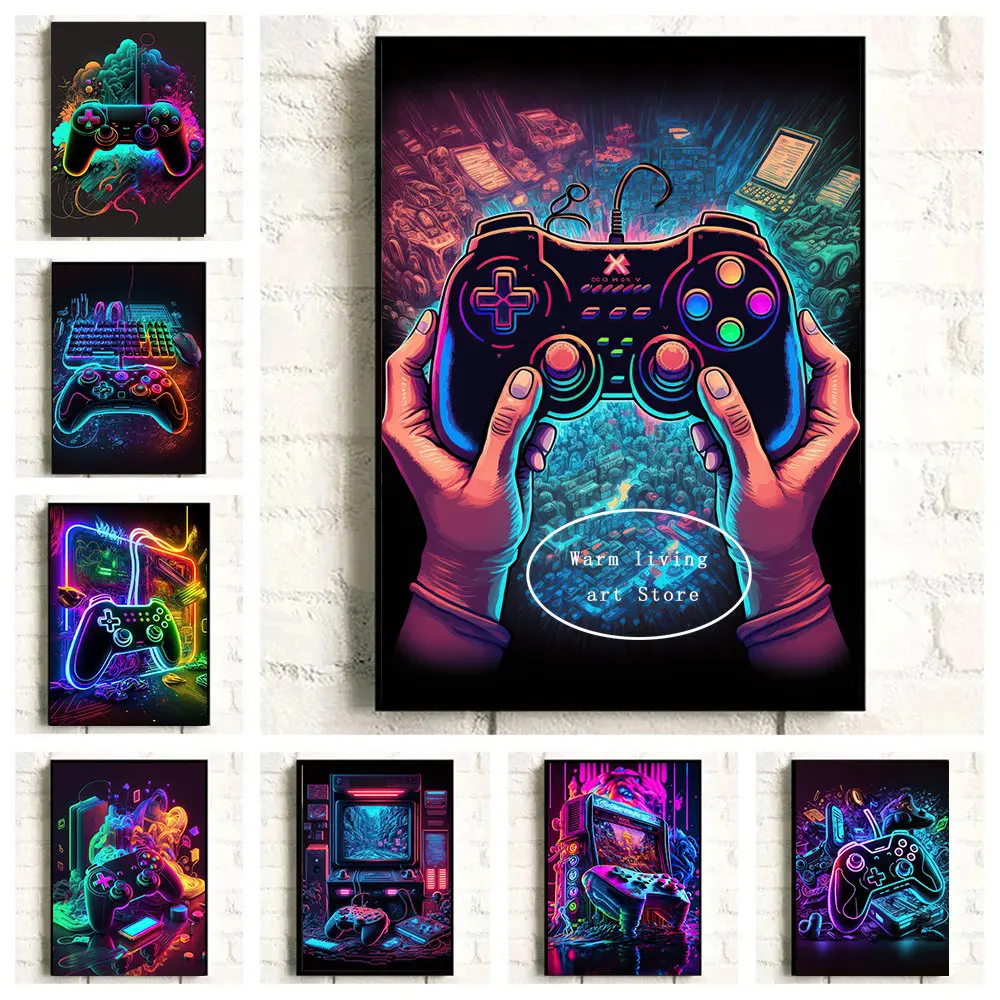 צבעוני פאנק ניאון גיימר בקר וידאו משחקי משחקי קונסולת בד ציור פוסטר קיר אמנות Esports משחק Kawaii חדר דקור