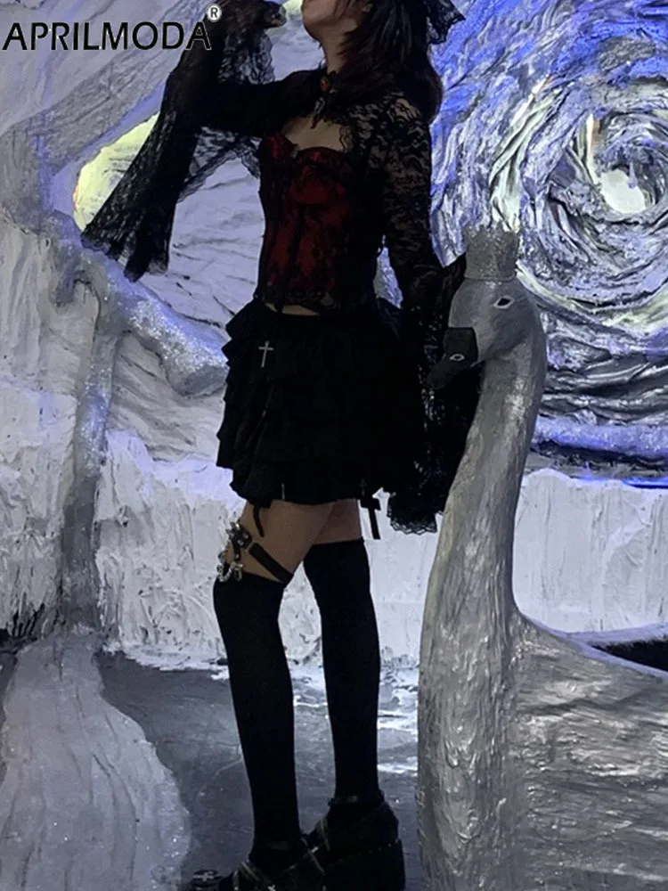 2025 Lace Flared Sleeve Cover Wraps for Evening Dresses Black Steampunk Cosplay Holiday Party Gothic Shrugs Punk Bolero Cardigan