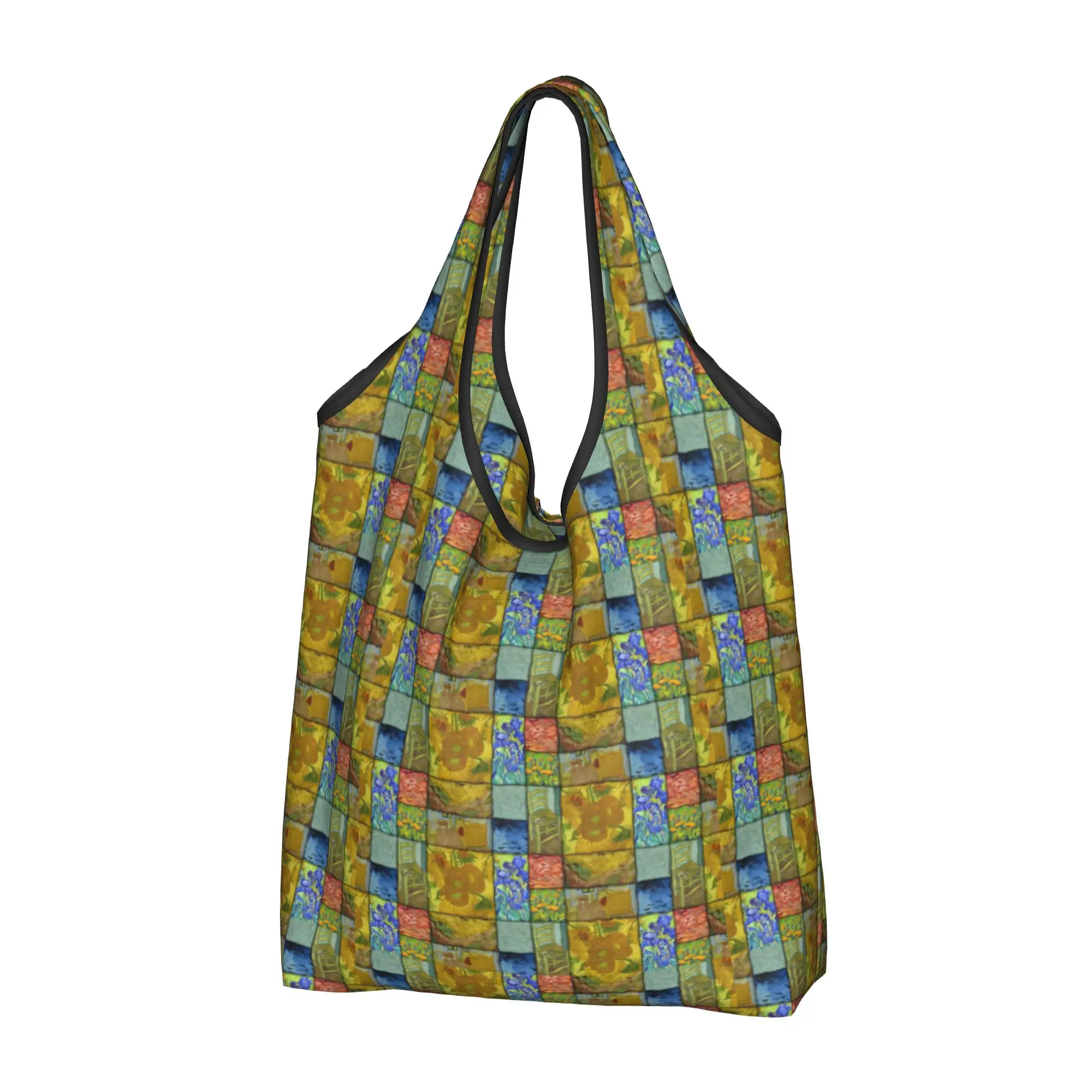 Custom Van Gogh Quilt Pattern with Sunflowers Irises Cornfields Shopping Bag Women Grocery Art Painting Shopper Tote Bags