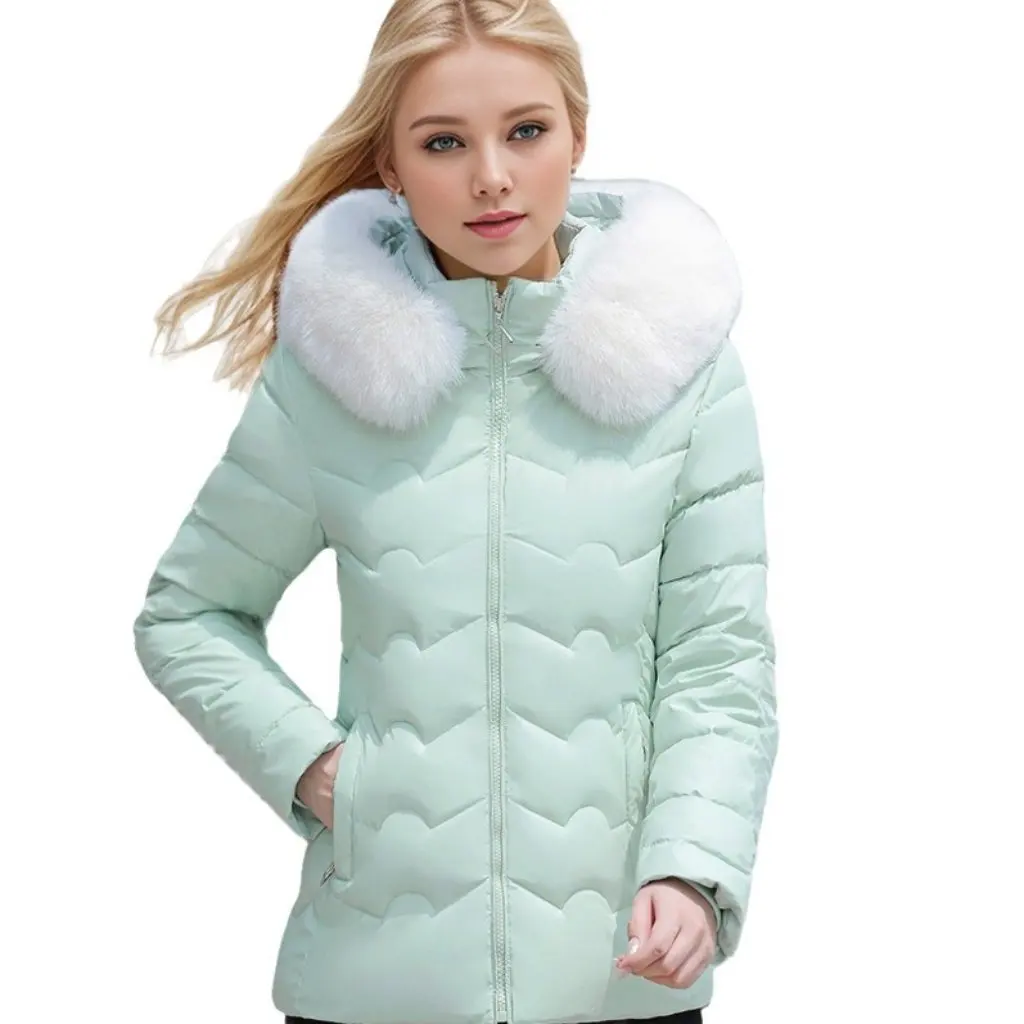 

Женская куртка на хлопковой подкладке с большим шерстяным воротником и капюшоном, короткое пальто больших размеров, модный стиль